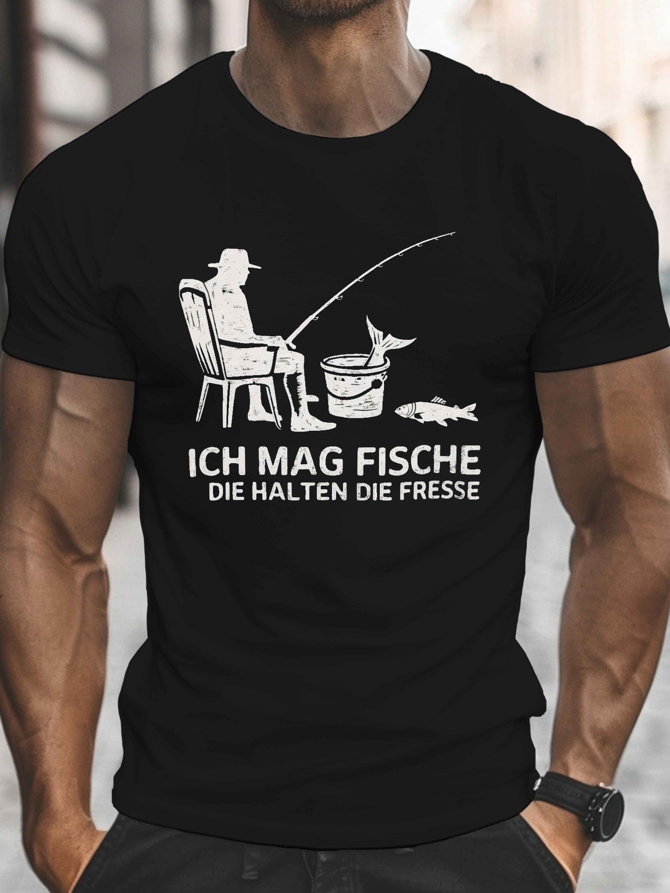 Men's Funny German Fishing Graphic T‑Shirt, Fisherman Quote Short Sleeve Crew Neck Casual Outdoor Tee