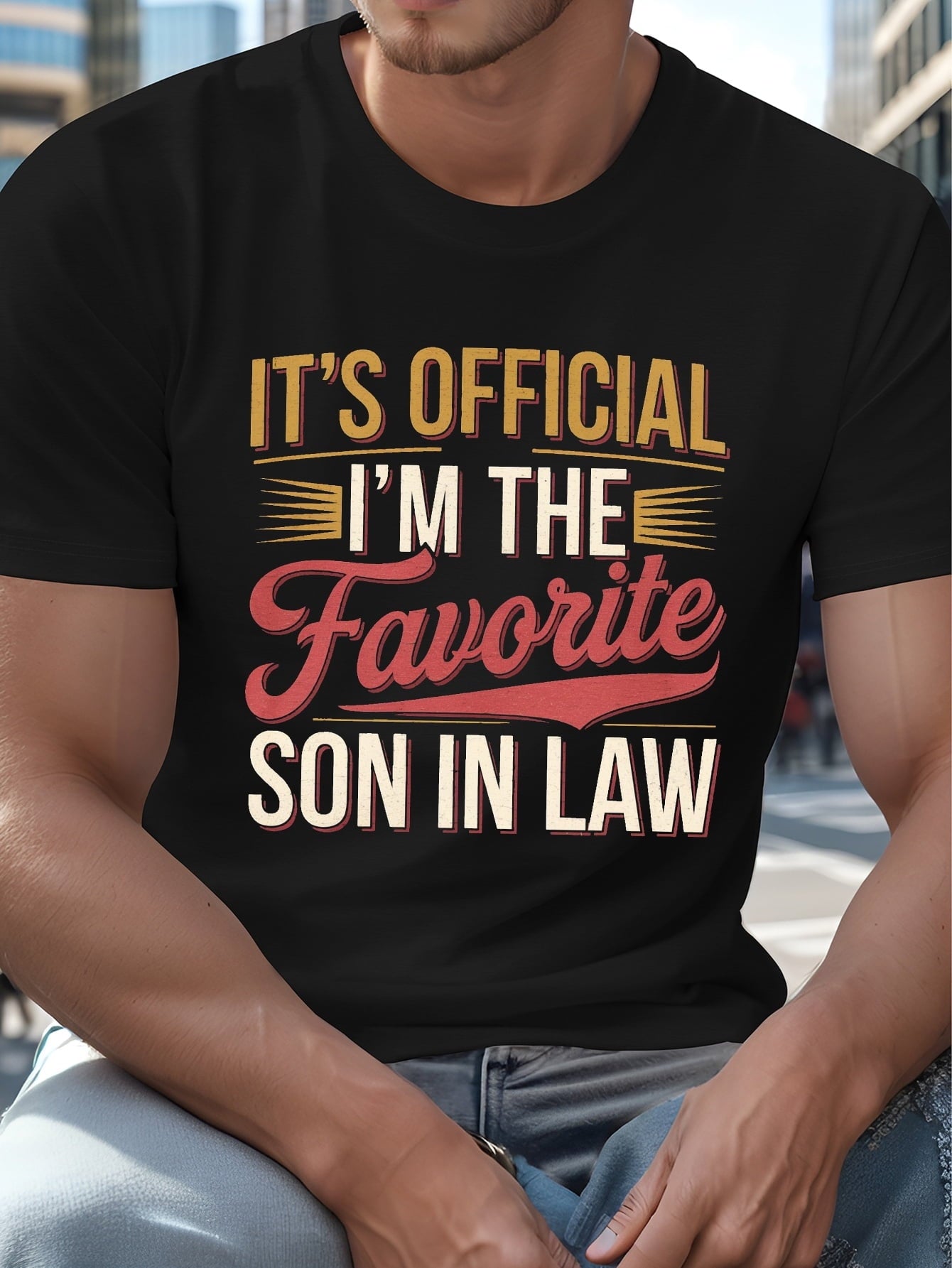 Men's "I'm the Favorite Son in Law" Print Casual Short Tee, Regular Fit, Crew Neck, Geometric Pattern