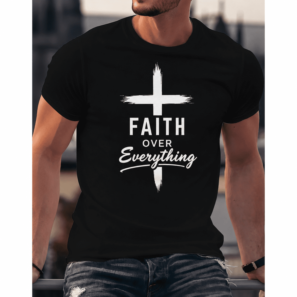 Men's Inspirational Christian Faith T-Shirt, Faith Over Everything Cross Graphic Tee, Religious Short Sleeve Casual Shirt