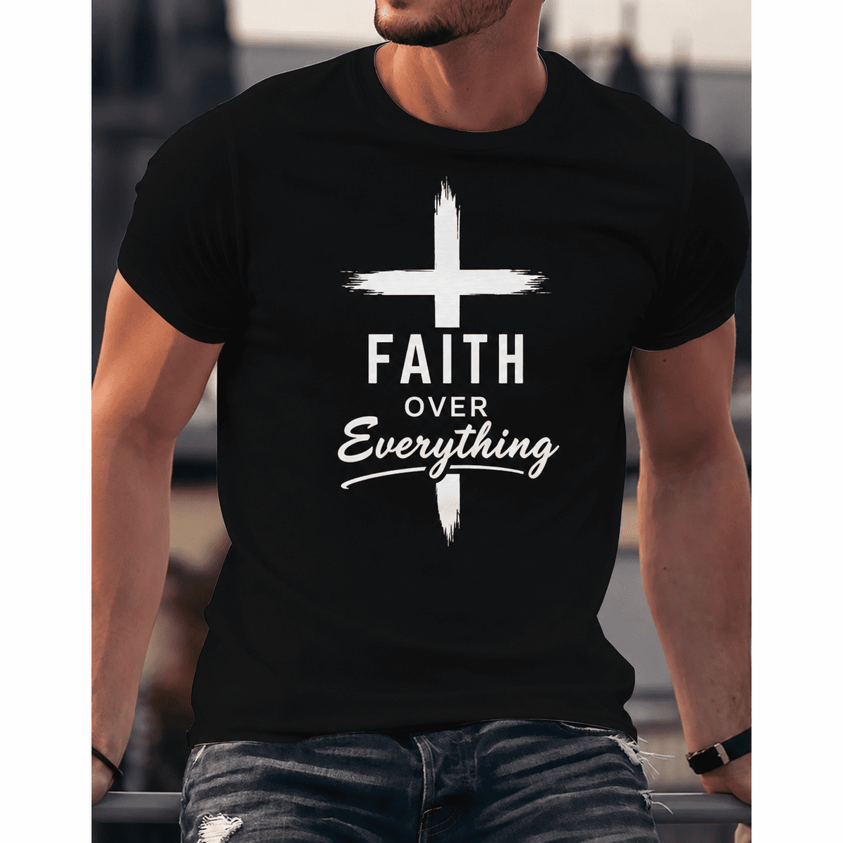 Men's Inspirational Christian Faith T-Shirt, Faith Over Everything Cross Graphic Tee, Religious Short Sleeve Casual Shirt