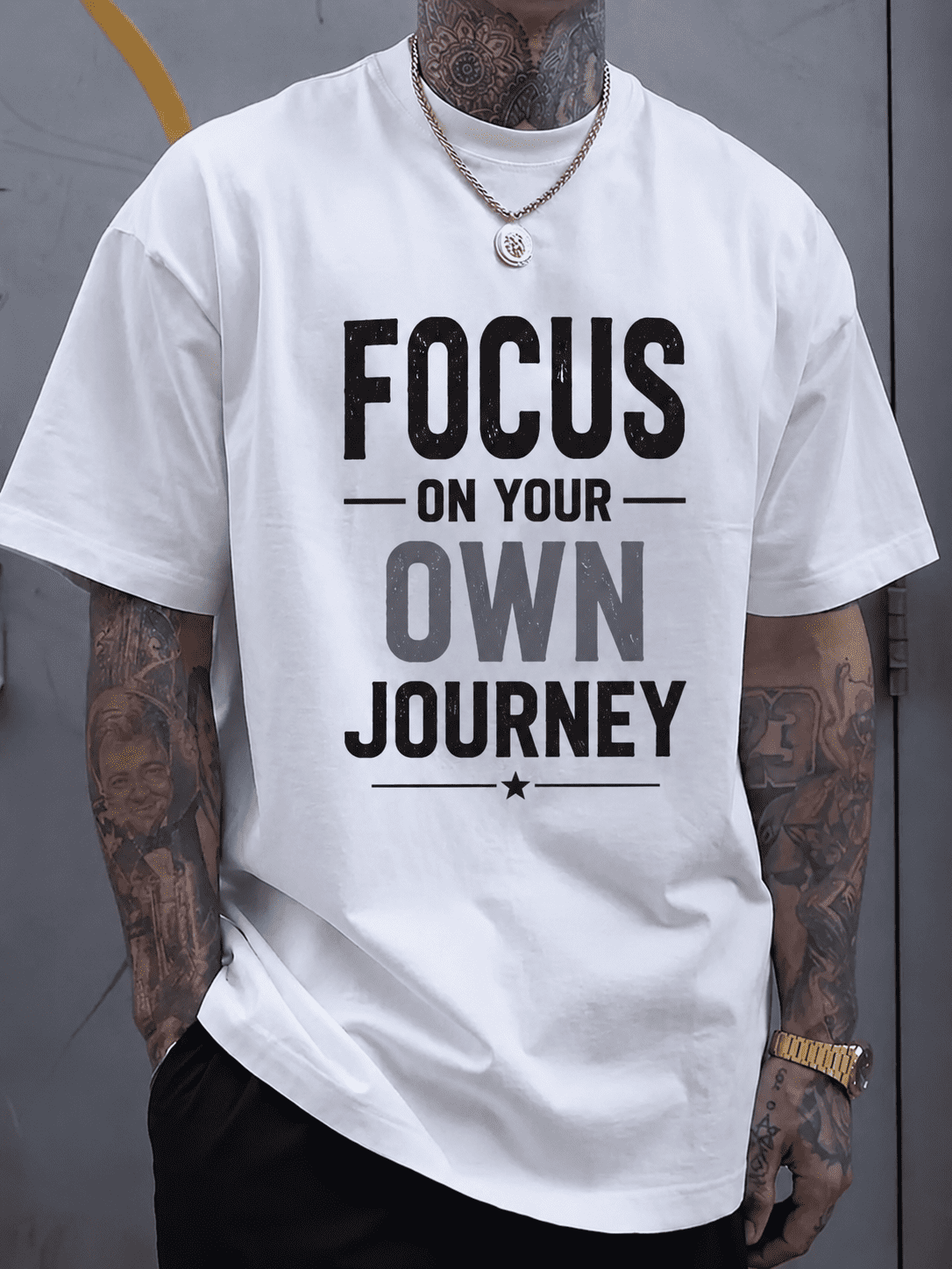 Men's Inspirational Graphic T-Shirt – "Focus On Your Own Journey" Motivational Quote Tee, Casual Short Sleeve Crew Neck Shirt