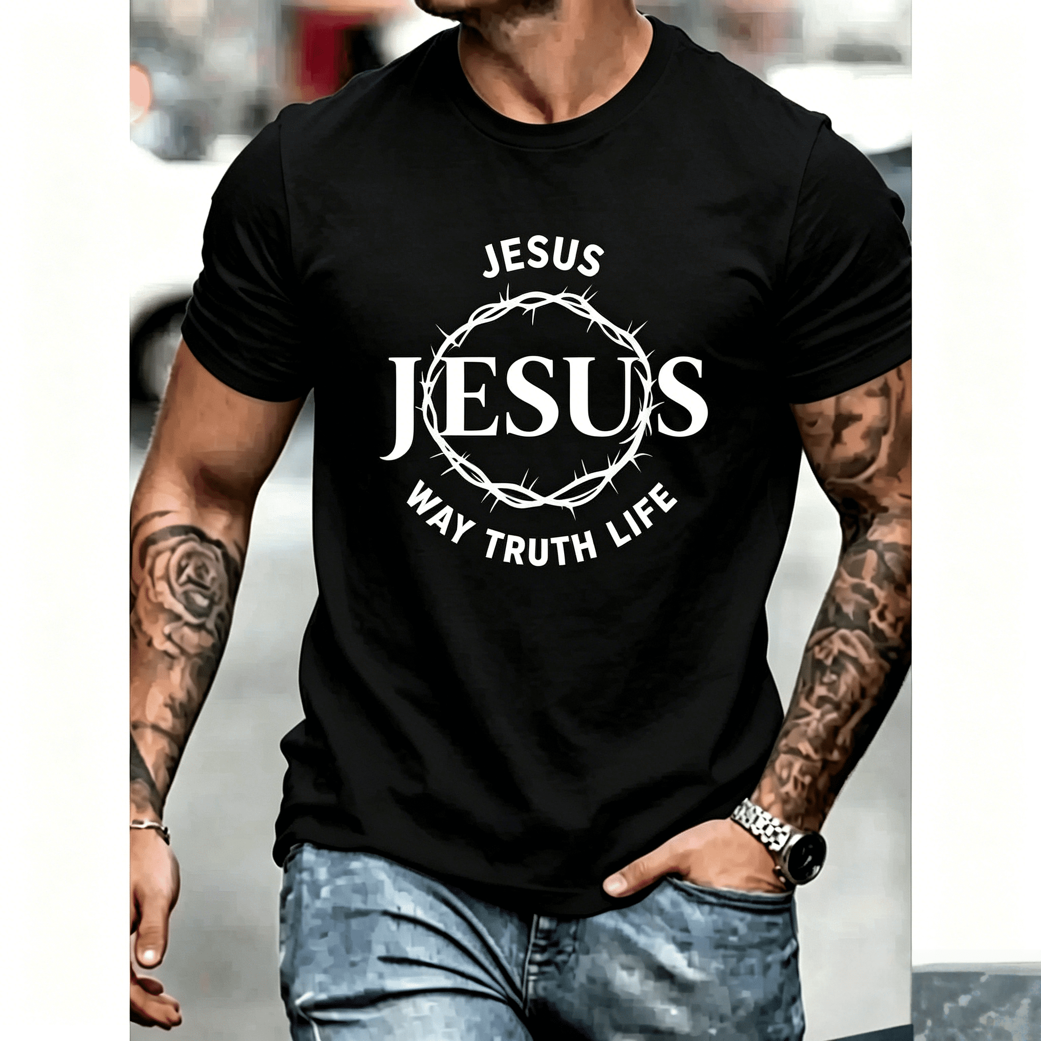 Men’s Jesus The Way Truth Life Crown of Thorns Christian Faith Graphic T-Shirt, Vintage Religious Bible Verse Crew Neck Short Sleeve Tee