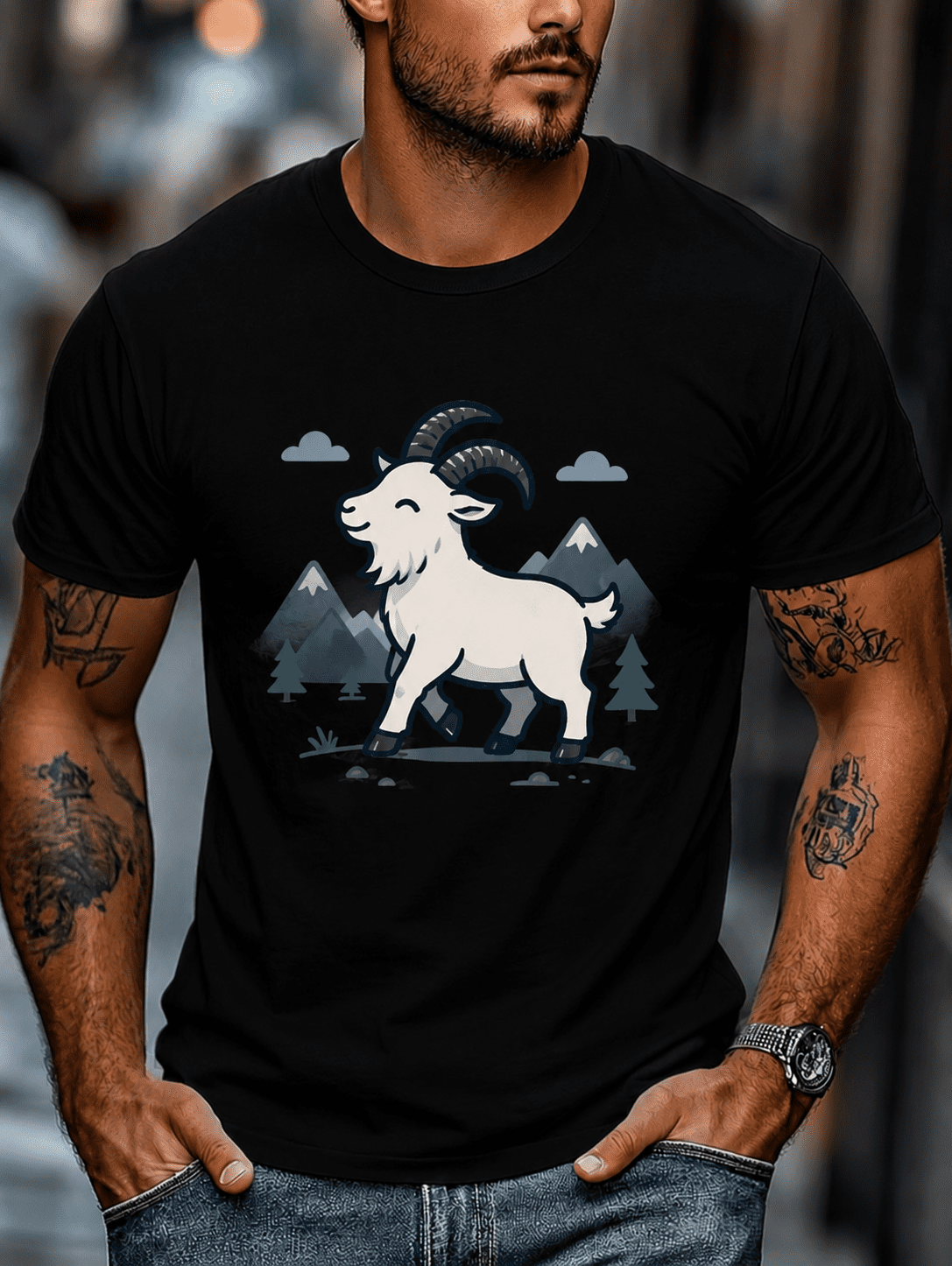 Men's Mountain Goat Graphic T-Shirt, Cute Alpine Goat Illustration Print, Crew Neck Short Sleeve Casual Tee for Outdoor Hiking Nature Lovers