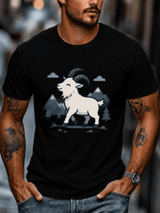 Men's Mountain Goat Graphic T-Shirt, Cute Alpine Goat Illustration Print, Crew Neck Short Sleeve Casual Tee for Outdoor Hiking Nature Lovers