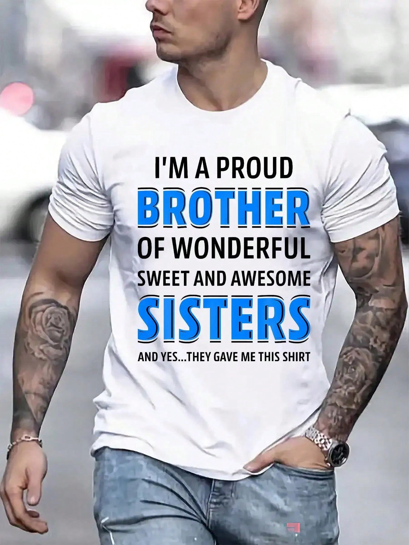 Men's Proud Brother T-Shirt, Wonderful Sweet Awesome Sisters Funny Graphic Tee, Short Sleeve Crew Neck Family Shirt, Brother Gift from Sisters