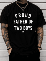 Men's Proud Father Graphic T Shirt, Two Boys Dad Letter Print Short Sleeve Casual Cotton Tee, Father's Day Gift Shirt
