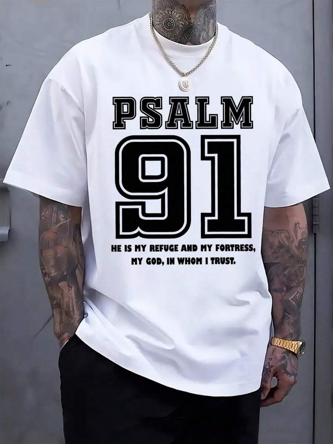 Men's Psalm 91 Christian T Shirt, Faith Inspirational Bible Verse Graphic Tee, Religious Short Sleeve Cotton Shirt