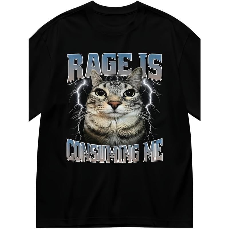 Men's "Rage is Consuming Me" Funny Cat Meme Graphic T-Shirt - Black Humorous Staring Cat with Lightning Design, Regular Fit Short Sleeve Casual Summer Tee, Machine Washable
