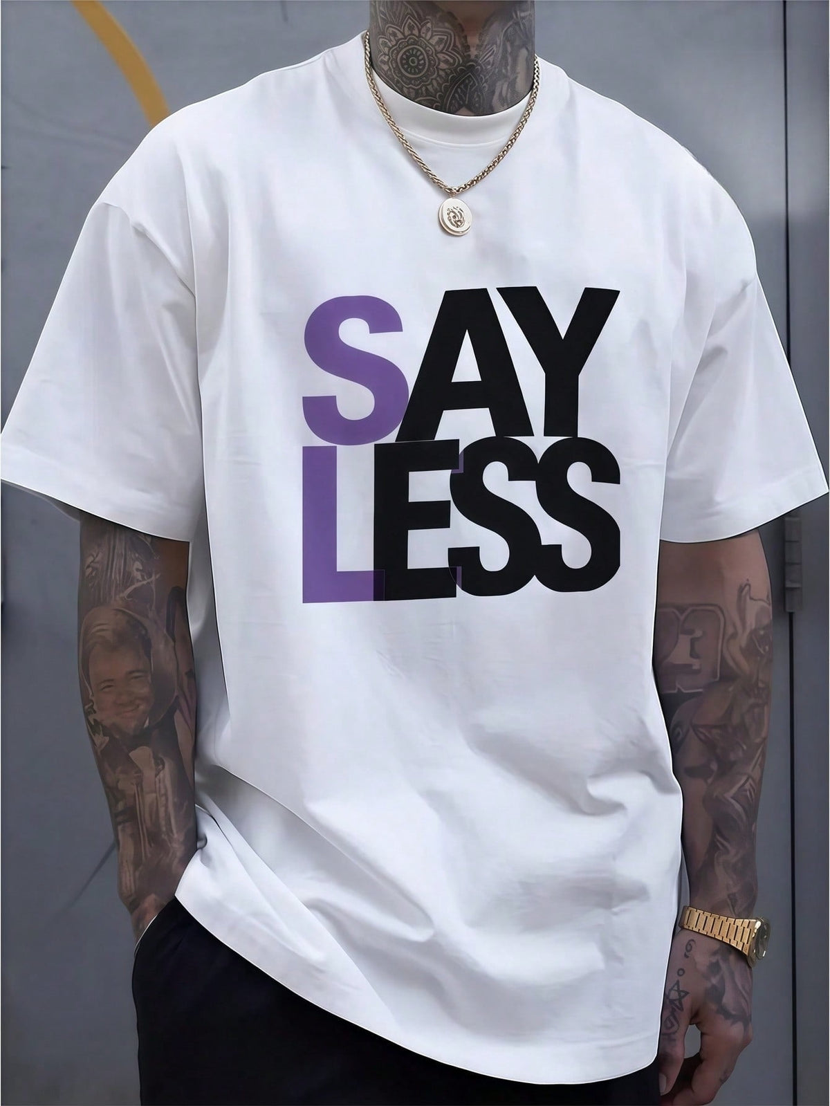 Men's Say Less Two Tone Letter Graphic Casual Crew Neck Short Sleeve T-Shirt