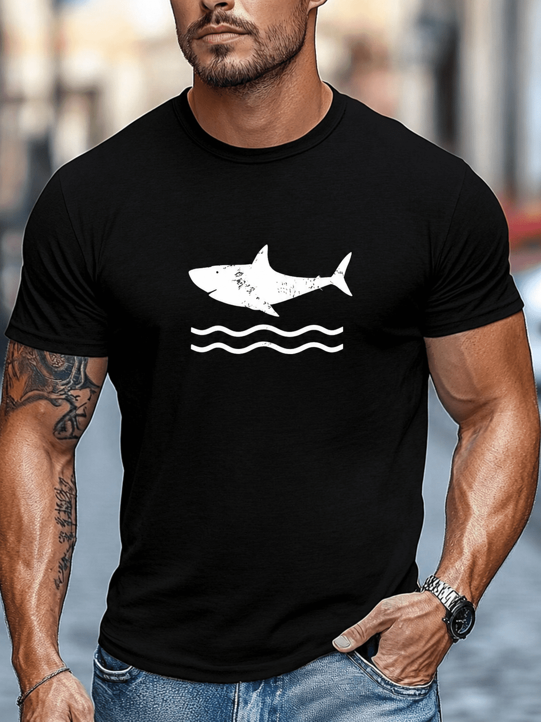 Men's Shark Graphic T-Shirt Casual Short Sleeve Crew Neck Summer Beach Tee White