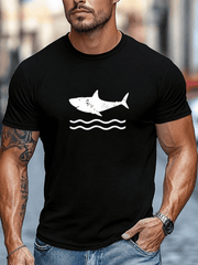 Men's Shark Graphic T-Shirt Casual Short Sleeve Crew Neck Summer Beach Tee White