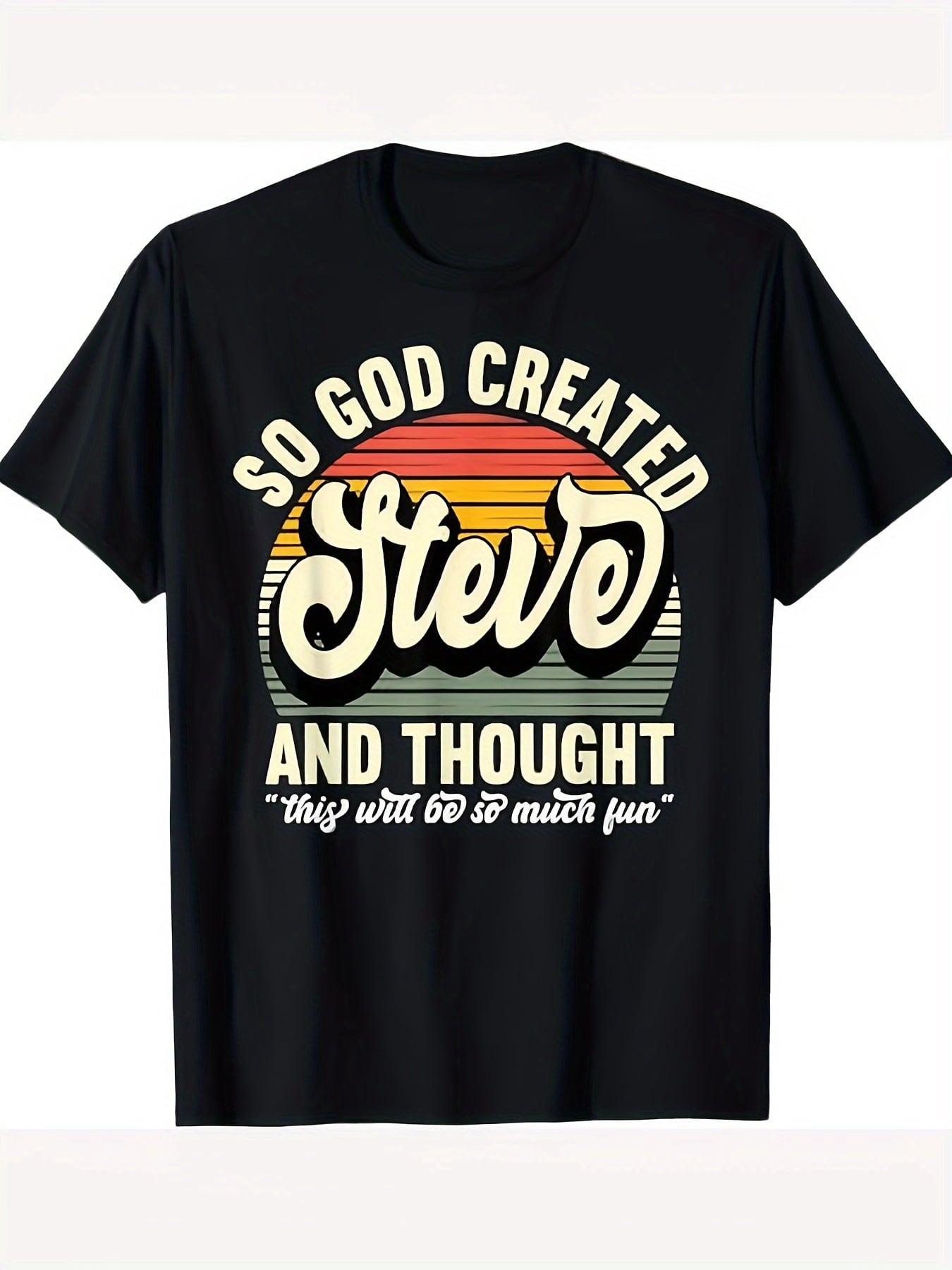 Men's So God Created Steve Humorous Graphic T-Shirt - Retro Tee with Bold Retro Stripes & Geometric Print, Round Neck Short Sleeve Casual Shirt