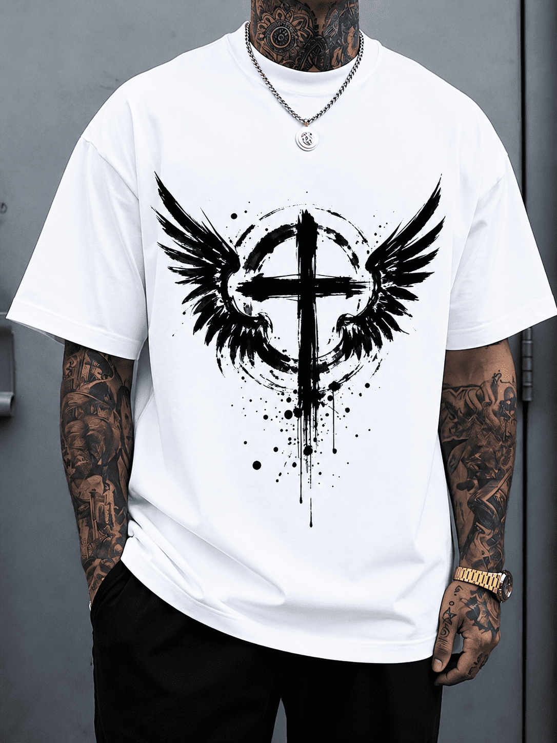 Men’s Soft Oversized Black T-Shirt, Grunge Paint Drip Cross Angel Wings Graphic Christian Faith Streetwear Short Sleeve Tee Gift for Religious Believers