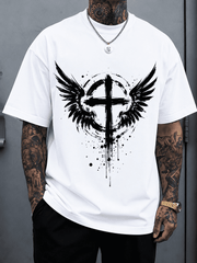 Men’s Soft Oversized Black T-Shirt, Grunge Paint Drip Cross Angel Wings Graphic Christian Faith Streetwear Short Sleeve Tee Gift for Religious Believers