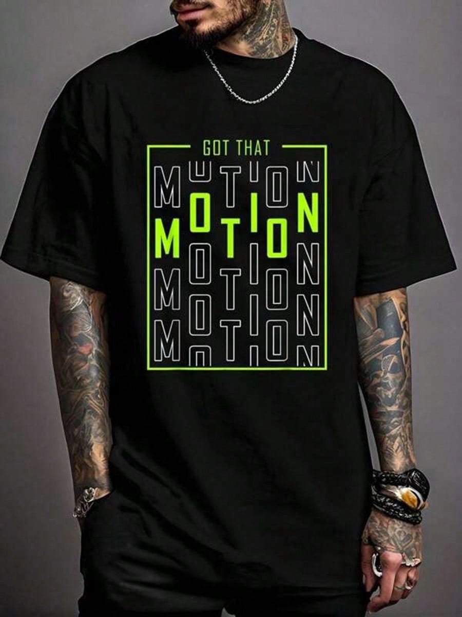 Men's Streetwear Typography Graphic T-Shirt, Stay In Motion Letter Print Crew Neck Short Sleeve Casual Tee, Soft Breathable Everyday Shirt for Travel, Workout, Street Style and Daily Wear