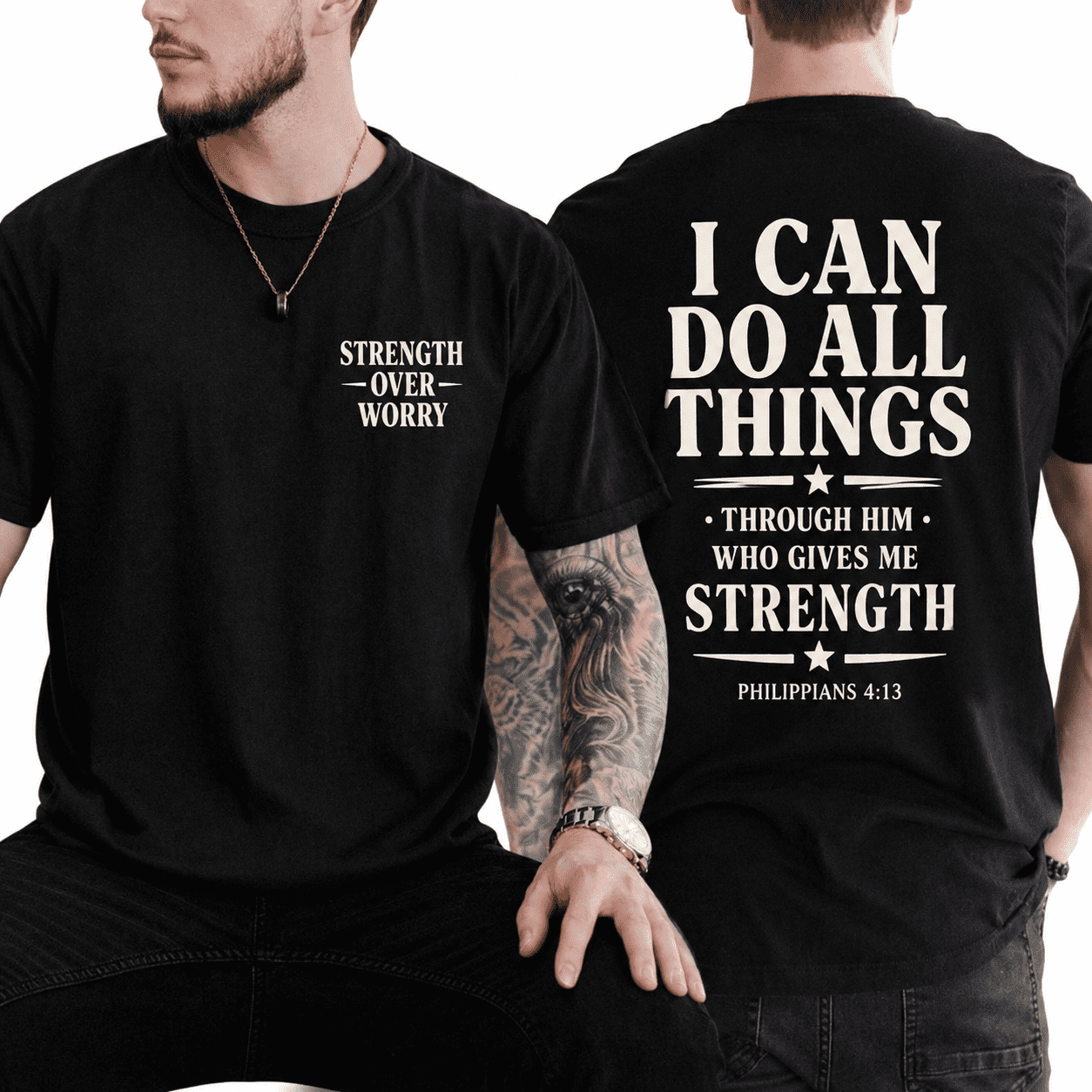 Men's Strength Over Worry Christian Graphic T-Shirt, Inspirational Bible Verse Faith-Based Casual Short Sleeve Tee, Religious Motivational Shirt