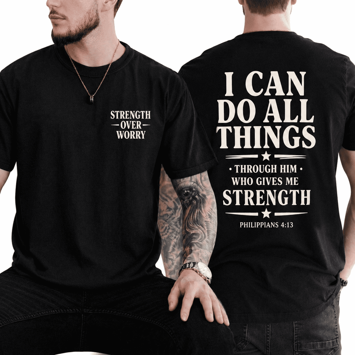 Men's Strength Over Worry Christian Graphic T-Shirt, Inspirational Bible Verse Faith-Based Casual Short Sleeve Tee, Religious Motivational Shirt