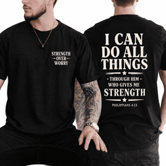 Men's Strength Over Worry Christian Graphic T-Shirt, Inspirational Bible Verse Faith-Based Casual Short Sleeve Tee, Religious Motivational Shirt