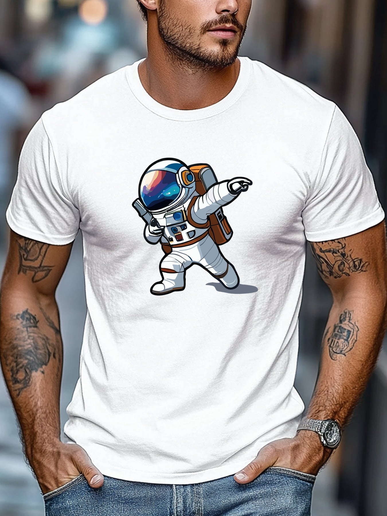 Men's T-shirt, Men's Cartoon Astronaut Graphic Summer Casual Crew Neck Short-sleeve T-shirt