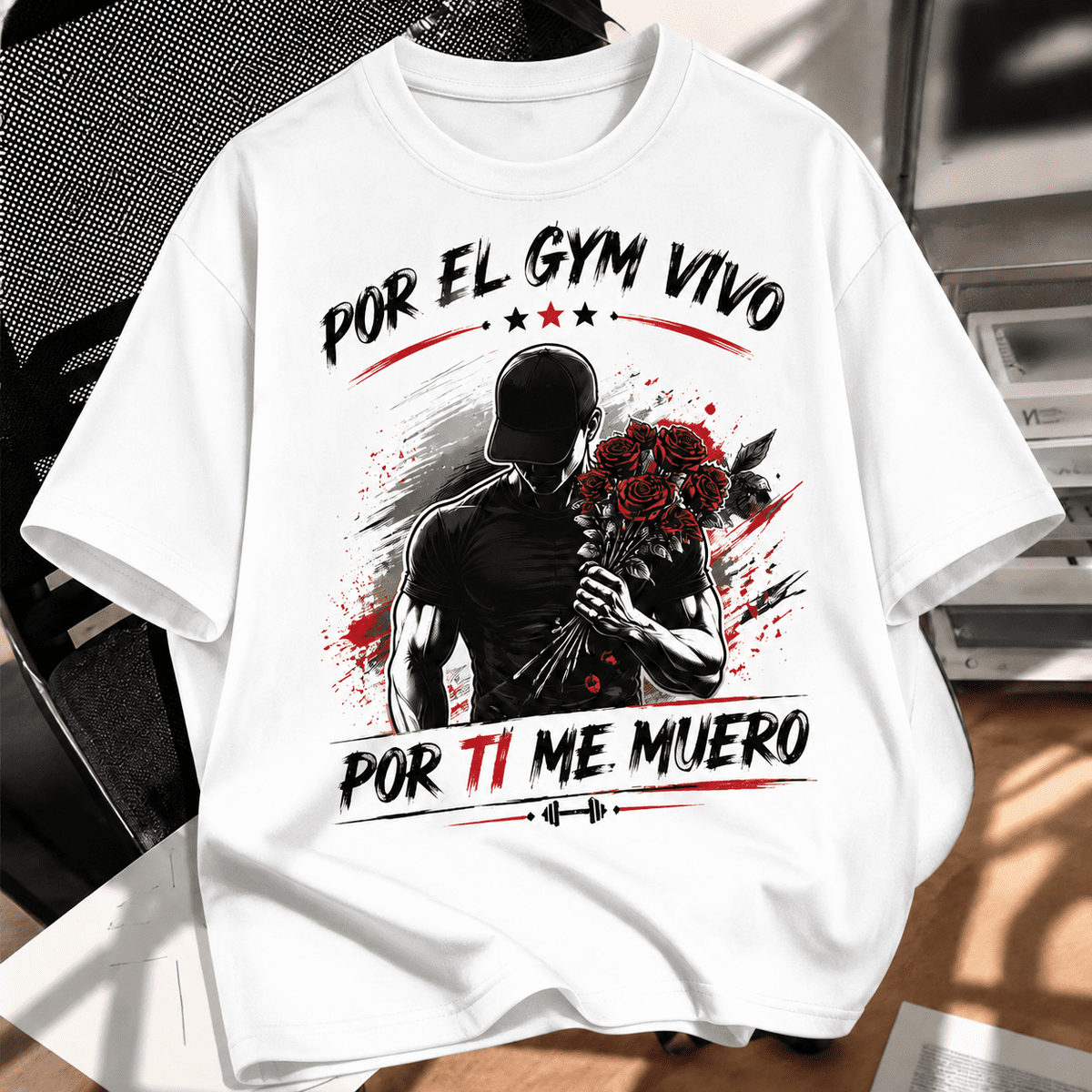 Men’s Trendy Graphic T-Shirt – Gym Motivation Spanish Quote Rose Design Tee