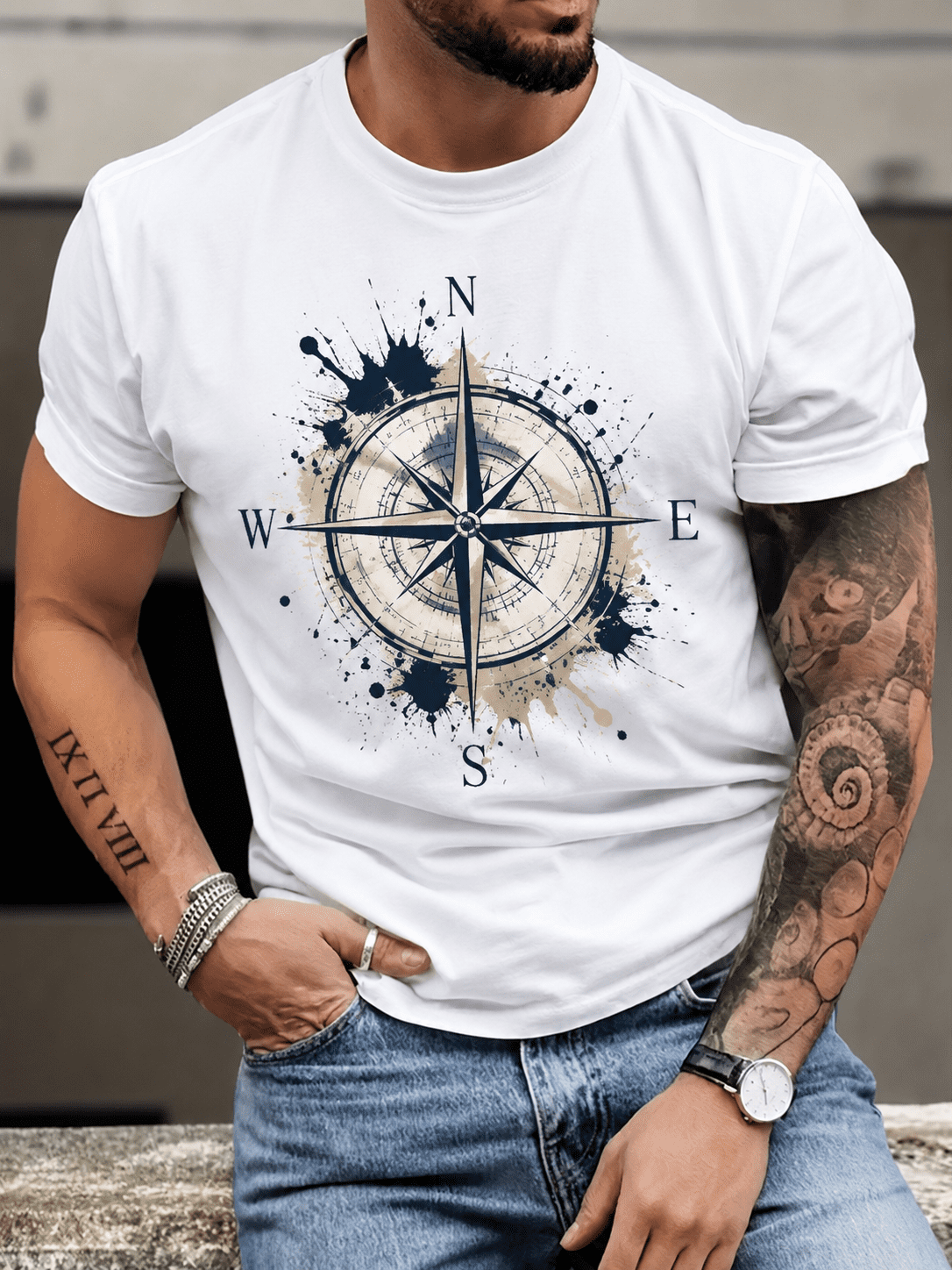 Men's Vintage Compass Graphic T-Shirt, Adventure Navigation Print Short Sleeve Crew Neck Tee, Casual Outdoor Hiking Travel Shirt, Soft Breathable Summer Graphic Top