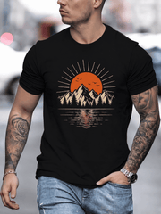 Men's Vintage Mountain Sunset Graphic Tee, Retro Nature Landscape Outdoor Adventure Short Sleeve T-Shirt