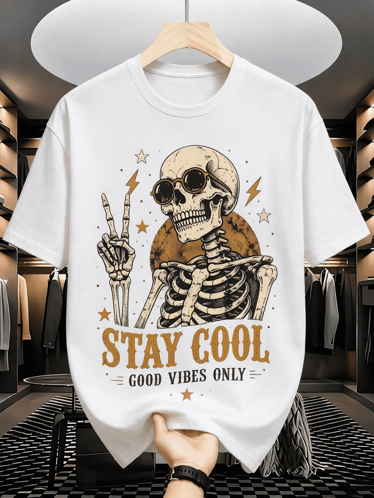 Men's Vintage Skeleton Graphic T-Shirt - Retro "Stay Cool" Tee with Sunglasses & Peace Sign, Good Vibes Only Streetwear Style