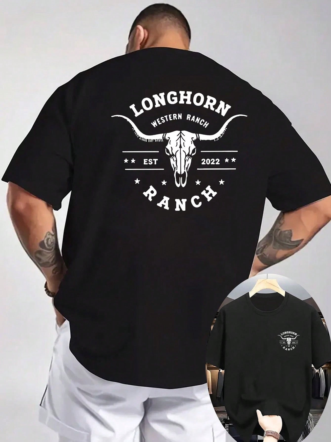 Men's Western Longhorn Ranch Cow Skull Double Sided Graphic Casual Short Sleeve Tee