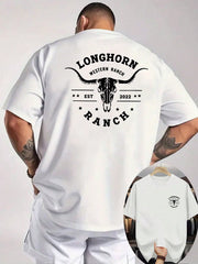Men's Western Longhorn Ranch Cow Skull Double Sided Graphic Casual Short Sleeve Tee