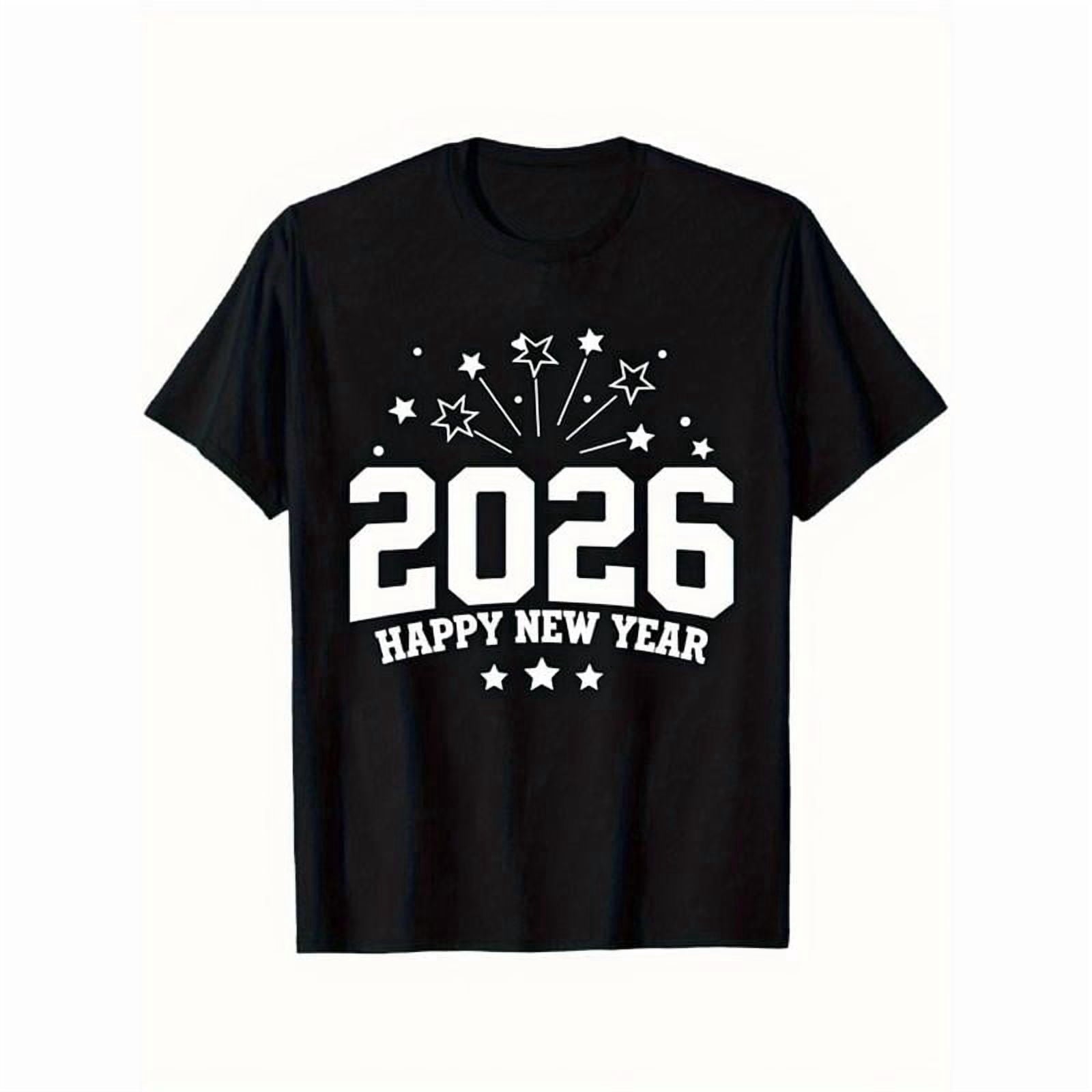 Men's & Women's 2026 Happy New Year T-Shirt - 2026 Number & Fireworks/Stars Print, Black with White Lettering, Relaxed Fit Soft Stretch Breathable Fabric