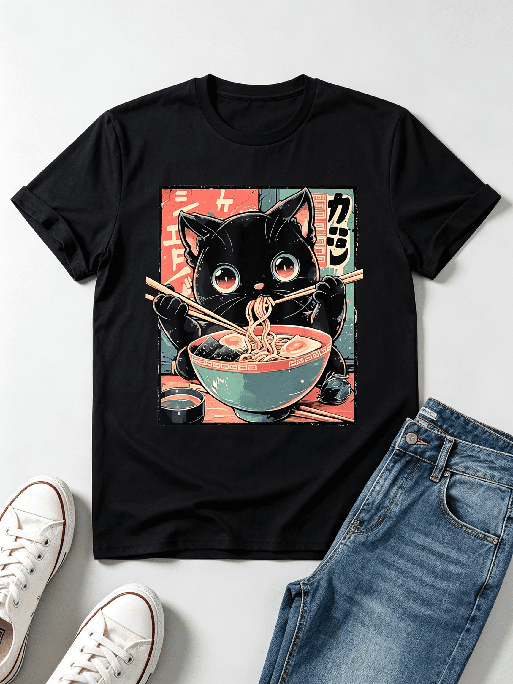 Men's & Women's Cute Cat Eating Ramen Anime T-Shirt - Japanese Kitten & Ramen Bowl Graphic