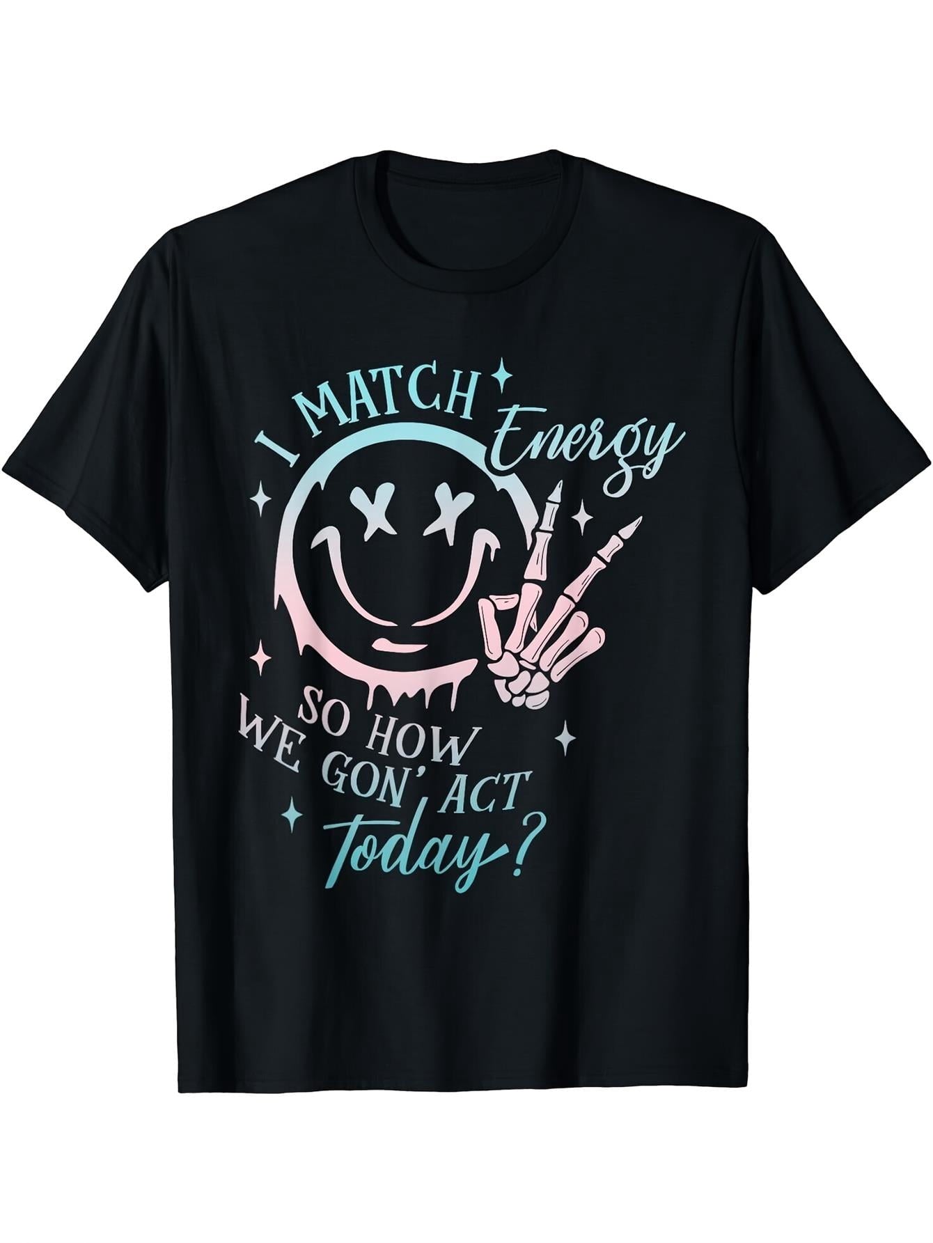 Men's & Women's I Match Energy Graphic T-Shirt - Black Pop Art Joyful Face & Joyful With X Eyes Design, Casual Comfort Fit Short Sleeve Crew Neck