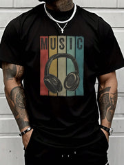 Mens Clothes Retro Headphone Music Print Black TShirt, Unisex Casual Crew Neck Tshirt