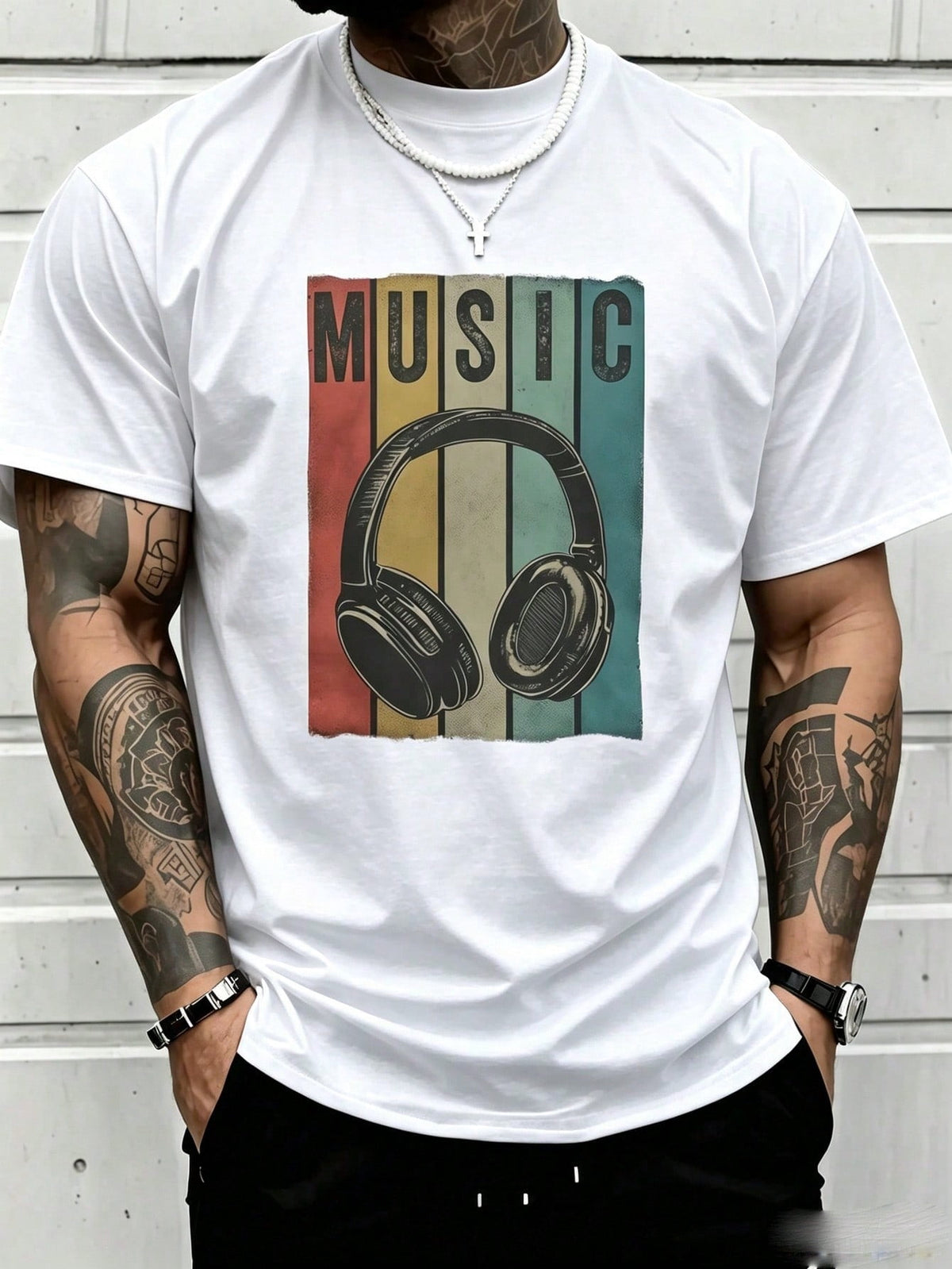Mens Clothes Retro Headphone Music Print Black TShirt, Unisex Casual Crew Neck Tshirt