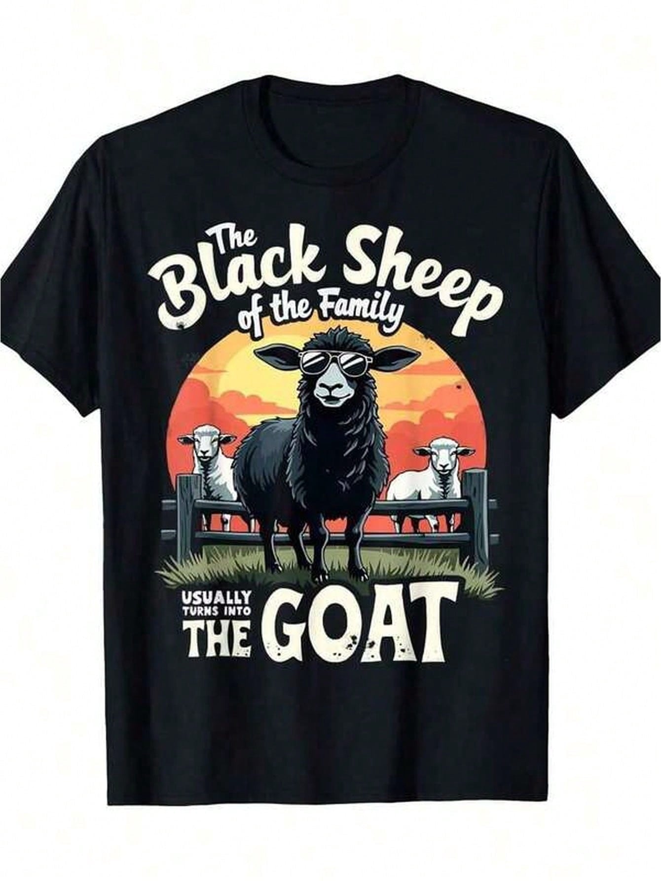Mens Clothes Sheep Goat Print Black TShirt, Unisex Casual Crew Neck Tshirt, Lightweight, Machine