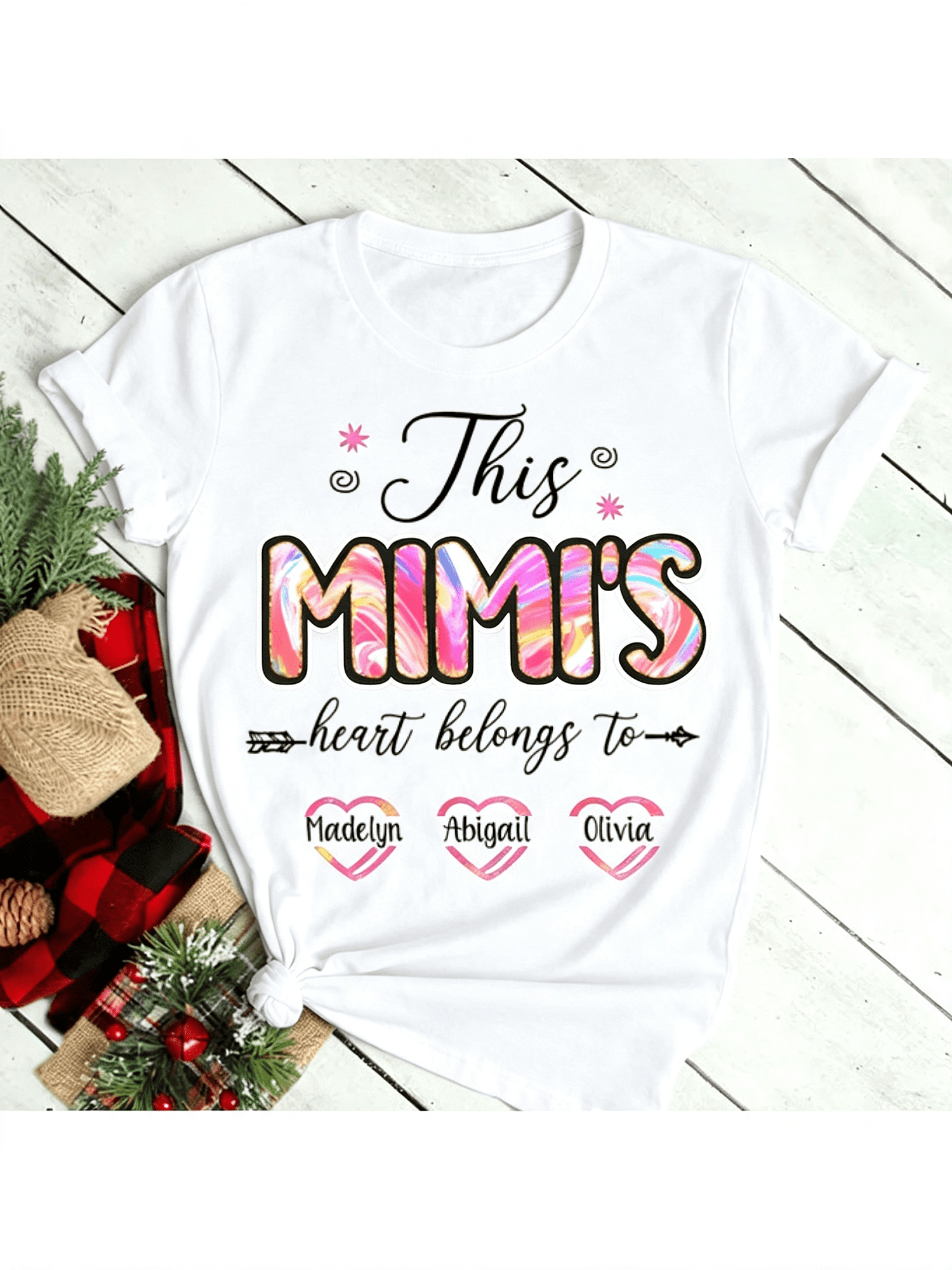 Mimi Grandmother Family Heart Graphic T‑Shirt, Colorful Swirl Print Crewneck Short Sleeve Tee, Sweet Grandma Gift Top for Women