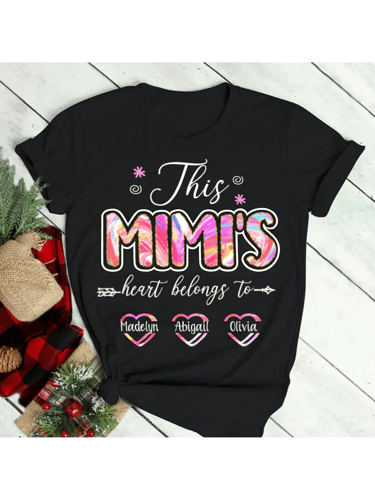 Mimi Grandmother Family Heart Graphic T‑Shirt, Colorful Swirl Print Crewneck Short Sleeve Tee, Sweet Grandma Gift Top for Women