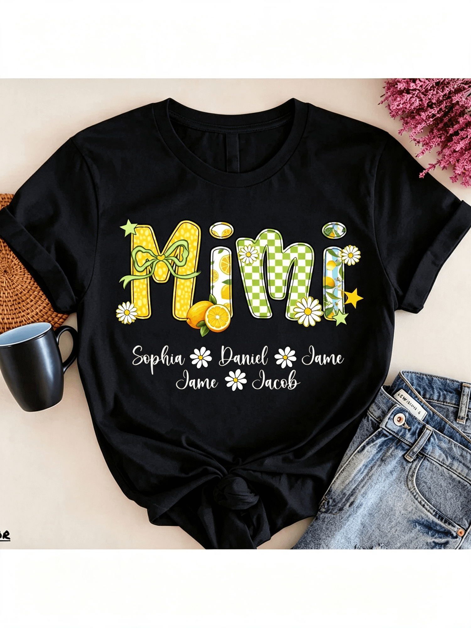 Mimi Grandmother Graphic T‑Shirt, Lemon Daisy Custom Style Family Crewneck Tee, Casual Short Sleeve Top for Grandma Gift