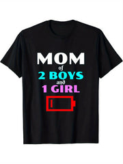 Mom of 2 Boys and 1 Girl Low Battery Graphic T-Shirt, Unisex Premium Soft Cotton Crew Neck Tee, All Season Funny Mom Life Tee, Ideal Mother’s Day Gift For Busy Moms