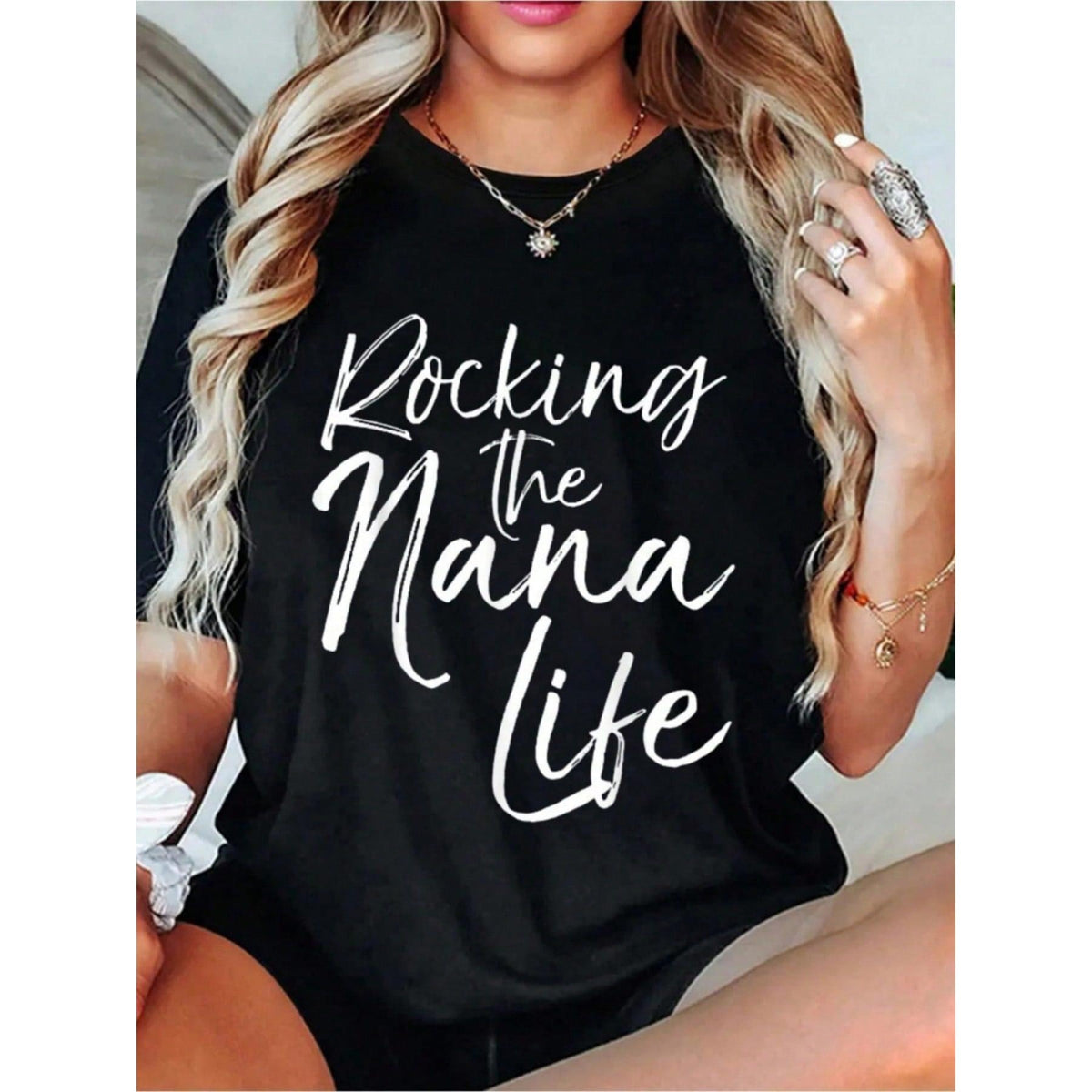 [Mother's Day Gift, Rocking The Nana Life] Soft & Comfortable Women's T-Shirt - Rocking The Nana Life   Casual Short Sleeve Round Neck Top,Perfect Mother's Day Gift For Grandma, Spring Casual Wear