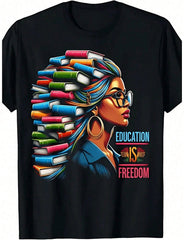 Motivational Education Themed Graphic T‑Shirt, Colorful Book Hairstyle Art Women’s Casual Short Sleeve Crew Neck Top