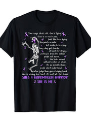 Myofibrositis Warrior Skull Pattern T-Shirt,Purple Ribbon Detail, Crew Neck, Short Sleeve, Black Casual Shirt, Unisex, Holiday Gift, Casual Outing
