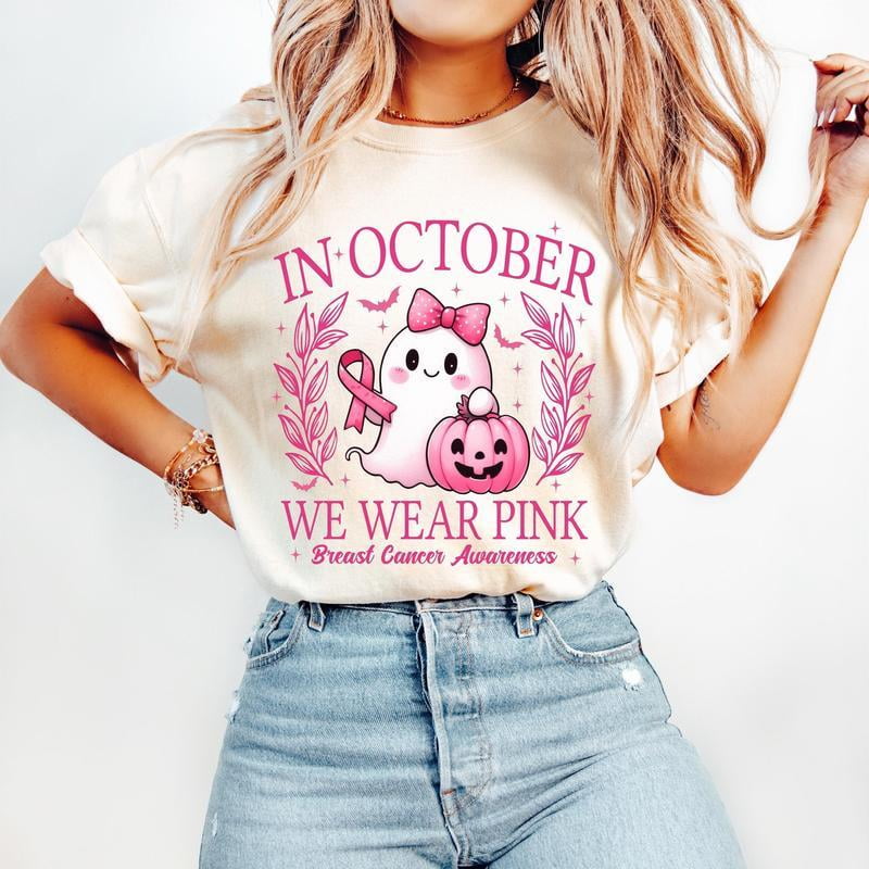 NWE In October We Wear Pink Shirt, Retro Breast "Cancer" Awareness T-Shirt, Halloween Pink Ghost Sweatshirt, Breast Cancer Halloween Clothing Unisex,Halloween Pink Breast Cancer T-shirt