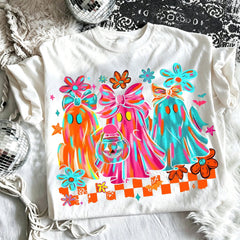 Neon Ghost Bow Graphic Tee Checkerboard Halloween Pumpkin Bucket Print Top