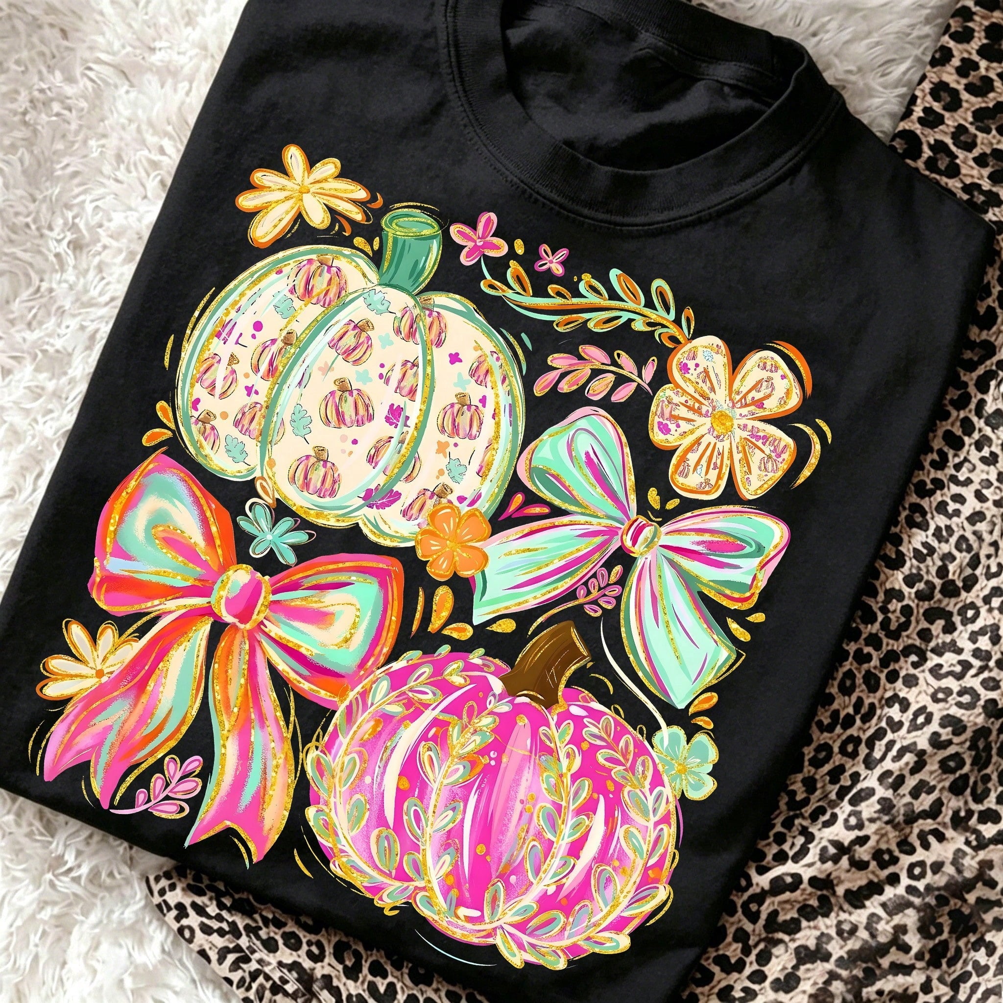 Neon Ghost Bow Graphic Tee Checkerboard Halloween Pumpkin Bucket Print Top