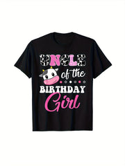 No Of The Birthday Girl Cow Print Graphic Tee for Women, Funny Birthday Party Short Sleeve T-Shirt, Casual Crew Neck Top with Cow Balloon Design