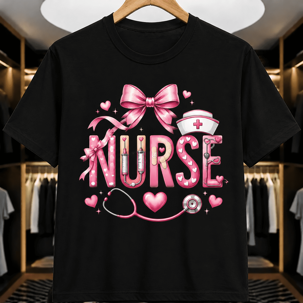 Nurse Graphic T-Shirt for Women, Pink Bow and Stethoscope Heart Design with Nurse Cap, Cute Medical Worker Short Sleeve Tee, Coquette Style Nursing Shirt for Everyday Wear