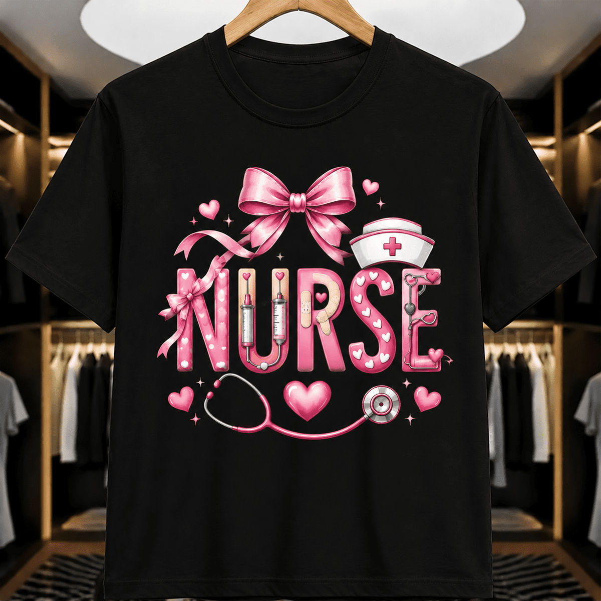 Nurse Graphic T-Shirt for Women, Pink Bow and Stethoscope Heart Design with Nurse Cap, Cute Medical Worker Short Sleeve Tee, Coquette Style Nursing Shirt for Everyday Wear