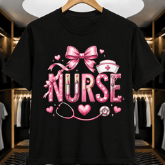 Nurse Graphic T-Shirt for Women, Pink Bow and Stethoscope Heart Design with Nurse Cap, Cute Medical Worker Short Sleeve Tee, Coquette Style Nursing Shirt for Everyday Wear