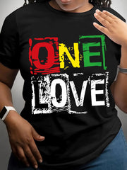 ONE LOVE Graphic T-Shirt - Black Casual Short Sleeve Crew Neck Top with Colorful Block Lettering, Breathable Summer Tee for Casual Attire & Special Occasions, Ladies T Shirts